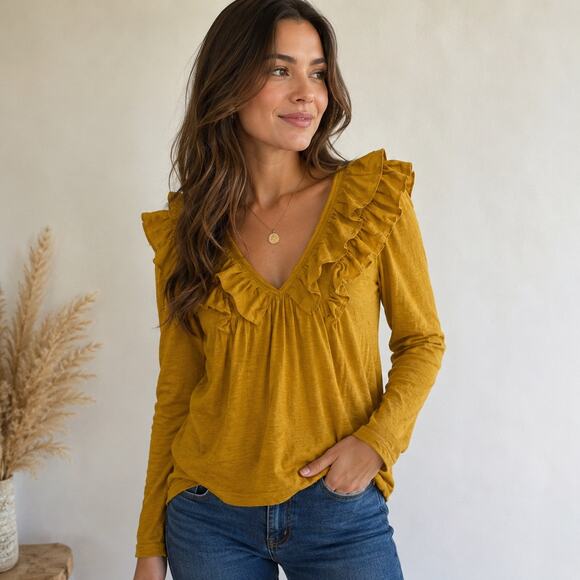 Anthropologie Tops - Anthropologie Top Womens Small Mustard Yellow Cotton Ruffle V Neck Long Sleeve